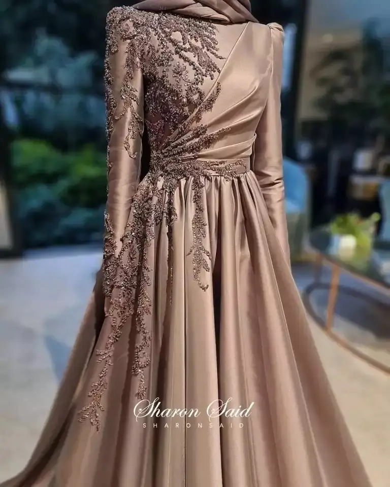 Brown Long Sleeve Muslim Evening Dresses 2022 Luxury Dubai Beading Arabic Formal Dress Evening Gowns