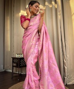 ATRACTIVA LICHI SEDA JACQUARD TRABAJO SAREE CON BLUSA NO SITIADA ROPA DE NOVIA PRECIO AL POR MAYOR PRENDA ÉTNICA BEBÉ ROSA - Product Image 1