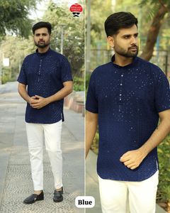 Chikankari สั้น kurta ดีไซเนอร์ที่ขายดีที่สุดสำหรับผู้ชายที่สมบูรณ์แบบสำหรับการชุมนุม poojas และกิจกรรมทางวัฒนธรรม