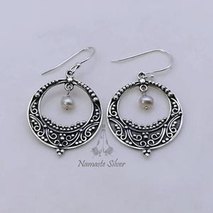 <b>Pearl</b> Chandbali <b>Earrings</b>: 925 Sterling <b>Silver</b> Handmade Crescent Design Jewelry - Product Image 1