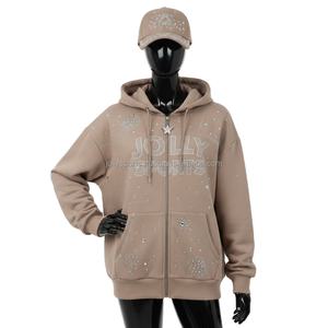 Sudadera con Capucha y Cremallera para Mujer, de Algodón y Poliéster, Color Beige, con Pedrería Brillante, Logotipo Personalizado, Sudadera con Capucha y Cremallera Estilosa - Product Image 1