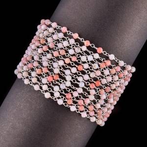 Cuentas de forma redonda facetadas de ópalo Rosa Natural, cadena de Rosario de Plata de Ley 925, cadena de eslabones envuelta en alambre de piedra de ópalo de 3mm para joyería - Product Image 3