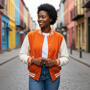 Veste de baseball varsity à logo personnalisé imprimé DTF de haute qualité pour femmes, en gros, avec rembourrage en coton et rivets personnalisés - Product Image 5