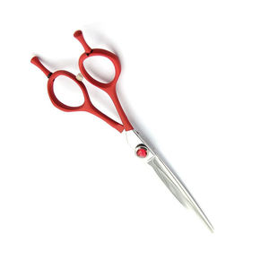 Tijeras de corte de pelo con mango de Color rojo, tijeras de peluquería de acero alemán Extra afiladas con reposapiés ajustable - Product Image 5