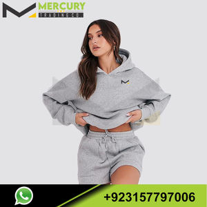 ขายส่งผู้หญิงสีทึบแฟชั่นติดตั้งสบายๆ Cropped Hoodie และกางเกงขาสั้นคลุมด้วยผ้าและสั้น 2 ชิ้นชุด rkout - Product Image 2