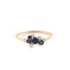 Factory Hot Sale Genuine Blue Sapphire and Real Diamond Bunch 14k Solid Gold Engagement Wedding Ring for Women Handmade Jewelry