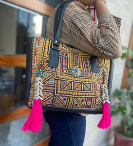 Indian Handmade Traditional Embroidered <b>Handbag</b> Women Vintage Banjara Tassel Shopping Bag Stylish <b>Boho</b> Hippie Seashell Tote Bag - Product Image 2