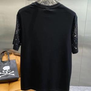 Camisetas de diseño ostentoso para hombre con decoración de diamantes de imitación estilo Hip Hop ropa informal de algodón pesado camiseta con hombros caídos hecha a medida - Product Image 2