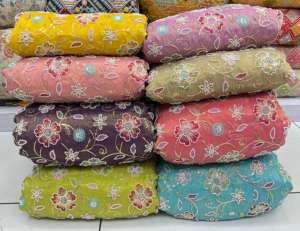 Tela de Bordado Premium de Alta Calidad, Estilo Floral Jacquard con Lentejuelas y Georgette, para Vestidos, Trajes y Decoración del Hogar, HONEY - Product Image 1