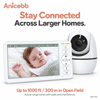Moniteur Bébé Longue Portée Anicebb 5 Pouces Caméra 720P Jusqu'à 300m Champ de Vision Ouvert Panoramique Inclinable Rechargeable Vue Locale Sans WiFi Sans Application