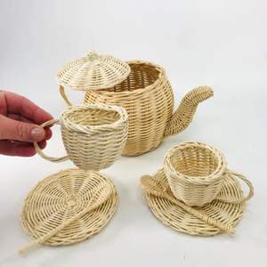 Natural wicker rattan <b>tea</b> <b>set</b> handmade with teapot and cups <b>for</b> <b>kids</b> pretend kitchen play or vintage style home display - Product Image 4