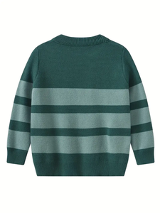 Pull-over décontracté à rayures en laine/acrylique pour bébé garçon, manches longues, doublure en laine, col rond, écologique, mode hivernale - Product Image 2