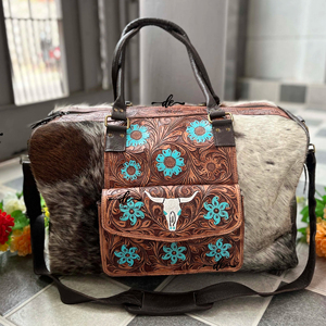 กระเป๋าเดินทางหนังวัวแกะสลักด้วยมือขนาดใหญ่กระเป๋าทำมือกระเป๋าทำด้วยมือกระเป๋าถือขนดอกไม้สีเทอร์ควอยซ์สำหรับทุกเพศ - Product Image 1