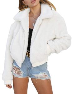 Women's <b>Short</b> Faux Fur Fleece <b>Jacket</b> Casual Shaggy with Pockets Warm Winter Breathable Canvas Cotton Filling Nylon Zip-Up - Product Image 3
