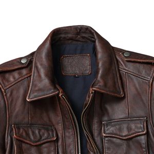 Chaqueta Bomber Clásica de Cuero Marrón Intenso, Lona y Piel de Vaca, Impermeable, Transpirable, Ecológica, con Cuello de Camisa, para Invierno - Product Image 3