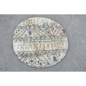 Alfombra Turca Vintage, Redonda de 3x3 pies, Alfombra de Lana con Estampado Animal Verde Marrón - Product Image 3