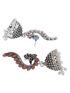 Boucles d'oreilles chandelier Jhumka Design paon rose moderne bonne qualité plaqué argent oxydé GONASIKA fabriqué en Inde pour les femmes - Product Image 3