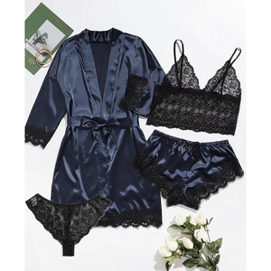 Cheap Price <b>Women's</b> Spaghetti Strap Round Neck Solid Knee Length 4PCS Satin <b>Silk</b> Robes Pajamas Set - Product Image 5