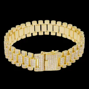 15mm Iced Rollie Link Micro Pave 14K Gold Plated Silver <b>Diamond</b> Bracelet & Bangle - Product Image 2