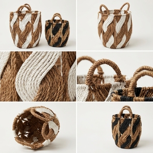 Natural Banana Bark Recycled <b>Plastic</b> <b>Basket</b> Set Spiral Wave Twist Open Lattice Arch Handle Pot Planter Decor Setup Pure Art Room - Product Image 3