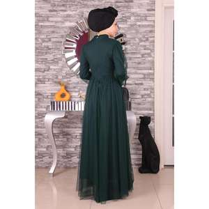 Vestido de Noche Largo, Corte en A, con Detalles de Encaje y Perlas, Tul con Decoración de Cristales y Flores, Talla XL, Color Liso, Poliéster, para Fiestas - Product Image 5