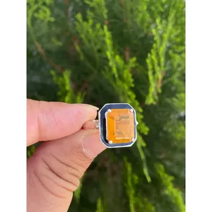 925 Silver Natural Fire <b>Opal</b> <b>Ring</b> Emerald Cut Diamond Dainty Cute Fine Jewelry Gemstone Yellow <b>Gold</b> Setting for Everyday Wear - Product Image 2