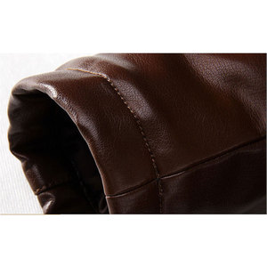 Brown Cow Leather PU Men's Windproof Jacket Sherpa Lined Stand Collar <b>Zip</b>-<b>Up</b> Regular Fit Winter Outerwear with Logo - Product Image 3