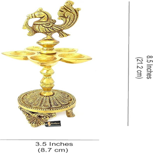 8,5 pulgadas Pavo Real étnico tallado latón Diya cinco patas talladas para Puja regalos de inauguración Diwali decoraciones hechas a mano Metal - Product Image 5