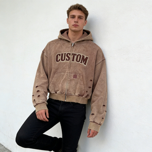 Sudadera con capucha para hombre, estilo casual urbano, venta al por mayor de fábrica, vintage, lavada, rasgada, con apliques de letras y bolsillos grandes - Product Image 3