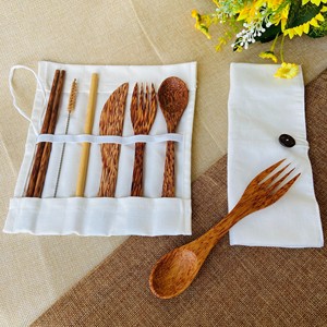 Juego de cubiertos de camping sin residuos con estuche, bolsa de cubiertos de coco, kit de utensilios naturales para exteriores - Product Image 1