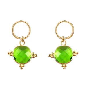 925 Sterling Silver Fancy Bezel Cushion Shape Peridot Gemstone Gold Vermeil Drop Dainty Stud Earrings Women Jewelry