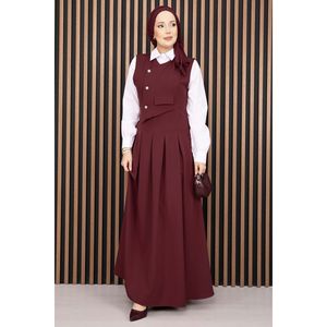Conjunto de Dos Piezas de Crepé Borgoña para Mujer, Elegante Camisa de Manga Larga con Detalle Plisado y Chaleco, Talla XS para Oficina, MOQ 2 Piezas - Product Image 1