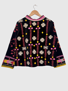 Floral Embroidered Velvet Jacket Mandarin Collar Full Sleeve Plus Size Women'<b>s</b> Prairie Chic Autumn Style - Product Image 4