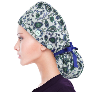Casquette d'infirmière unisexe en sergé bouffant avec motif floral et bordure violette, pour usage hospitalier, accessoires de fixation sans couture - Product Image 5