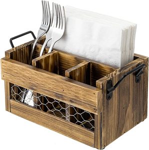 Wholesale Rustic Brown Wood Utensil Holder and Napkin Rack with Black Metal Handles and Metal Net Front Panel Dining Flatware - Product Image 1