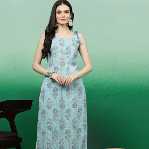 Kurtis Rama de Algodón Azul Turquesa con Estampado Digital para Mujer, Colección Sencilla de Verano para el Trabajo, Corte Regular, En Stock, Estilo Indio - Product Image 1