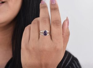 Bague à double bande en pierre de poire Lunette en argent sterling 925 Bijoux en pierres précieuses violettes faits à la main Bague délicate pour femme Cadeau pour elle - Product Image 4