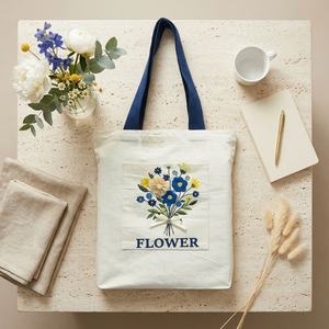 Bolsa de Mano de Lona de Algodón Mediana con Bordado Floral, Resistente al Agua, Hecha a Mano, Color Azul Aura, de Priglob Exim, para Compras - Product Image 2
