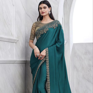 Designer exclusif Sari en soie de haute qualité Belle bordure de travail de séquence de broderie pour le mariage indien pakistanais traditionnel - Product Image 1