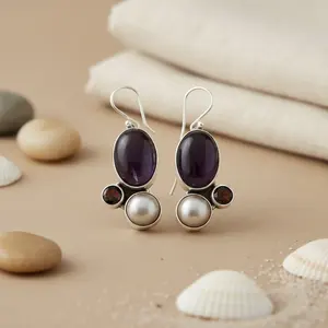 Boucles d'oreilles pendantes vintage pour femmes en argent 925 avec charoïte et perle, plaquées or 18 carats, pierre principale en diamant pour les mariages - Product Image 2