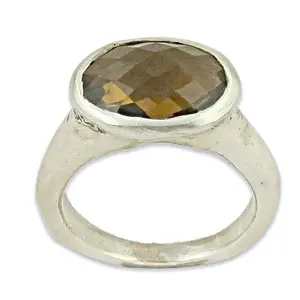 Anillo Ajustable de Plata de Ley 925 con Cuarzo Ahumado, Incrustaciones de Piedras Preciosas Naturales, Moderno y Elegante, Regalo para Mujer - Product Image 3