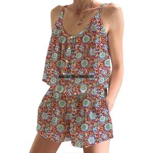 Conjunto de Pijama Corto de Algodón con Estampado Floral Hecho a Mano para Mujer, Primavera/Verano, Conjunto de Pijama Ajustado sin Mangas con Tirantes - Product Image 3