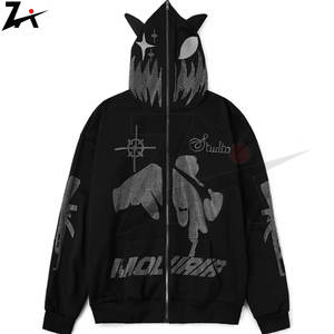 Mens Rhinestone Hooded Loose Zipper Cardigan Hoodie Casual Oversized Zip up Sweatshirt Bling <b>Detail</b> Trendy Streetwear - Product Image 1