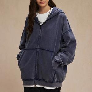 Sweat à capuche zippé décontracté en coton épais délavé à l'acide, coupe ample, fermeture éclair double, style rétro, vente en gros - Product Image 6