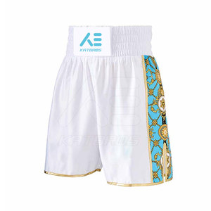 KATBROS <b>Men</b> Boxing Shorts White With Blue Gold Pattern Sublimation Print Quick Dry Regular Fit Martial Arts Wear - Product Image 1