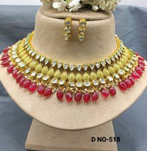 Conjunto de Collar Kundan con Rubíes SKU 518 D4, Chapado en Oro, Diseño Floral Moderno, Cadena de Eslabones, Forma de Pera Natural, para Bodas, Hecho de Latón - Product Image 1
