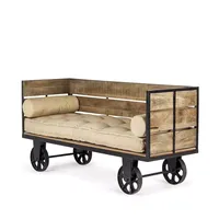Canapé modulaire industriel de luxe moderne en bois à trois places avec roulettes métalliques pour villa, extérieur, hôtel, salle à manger, salon