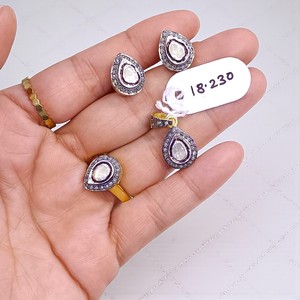 Ensemble de bijoux en argent 925 plaqué or avec diamants Polki au design incroyable, ensemble de boucles d'oreilles, pendentifs et bagues - Product Image 2