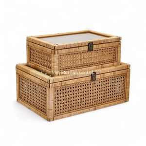 Boîte de rangement multifonctionnelle en rotin tissé naturel, style bohème, fabriquée à la main au Vietnam pour l'organisation de la maison, design éco-responsable - Product Image 1