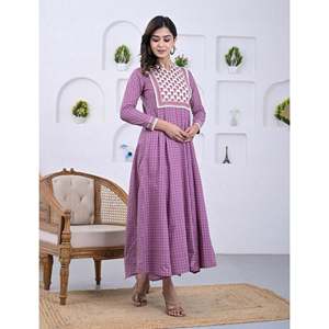 Purple Cotton <b>Block</b> <b>Printed</b> Anarkali Dress Pakistani-Style Ethnic Indian Wear Featuring Georgette Salwar and Choli - Product Image 5